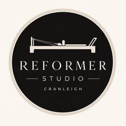 Reformer Studio Cranleigh badge with a Pilates reformer
